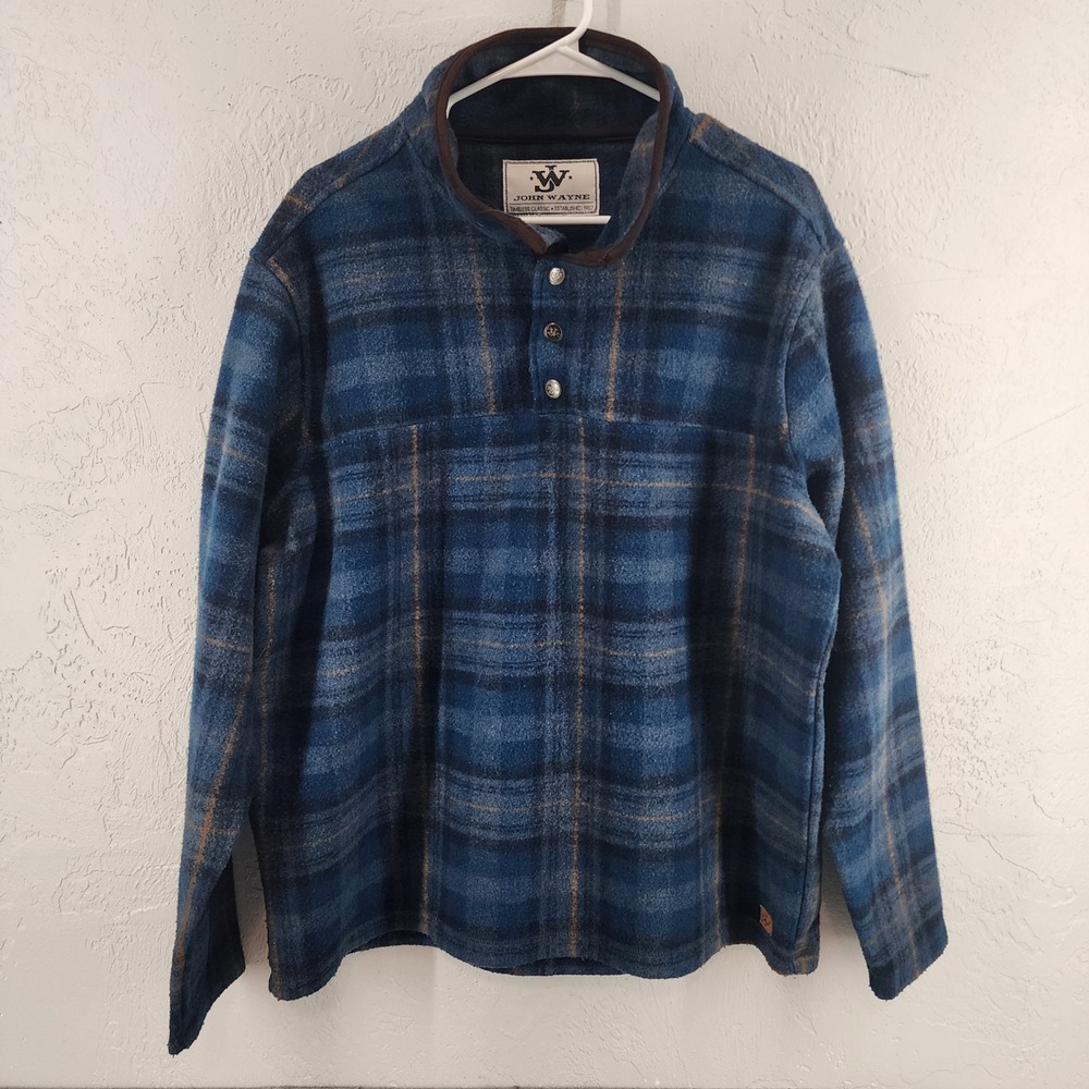 John Wayne Mens Blue Plaid Fleece Mock Neck Snap Button Pullover Large